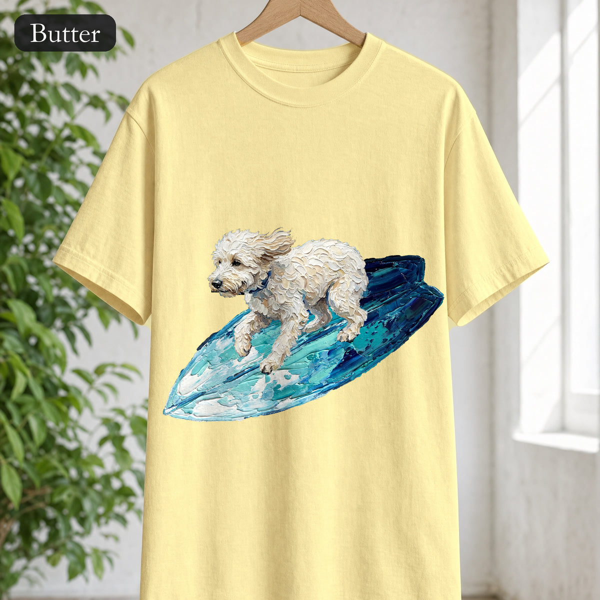 Surfing Dog Shirt, Painterly Surf Dog Tee, Beach Coastal Dog Lover Gift, Summer Ocean Dog Mom Sweatshirt