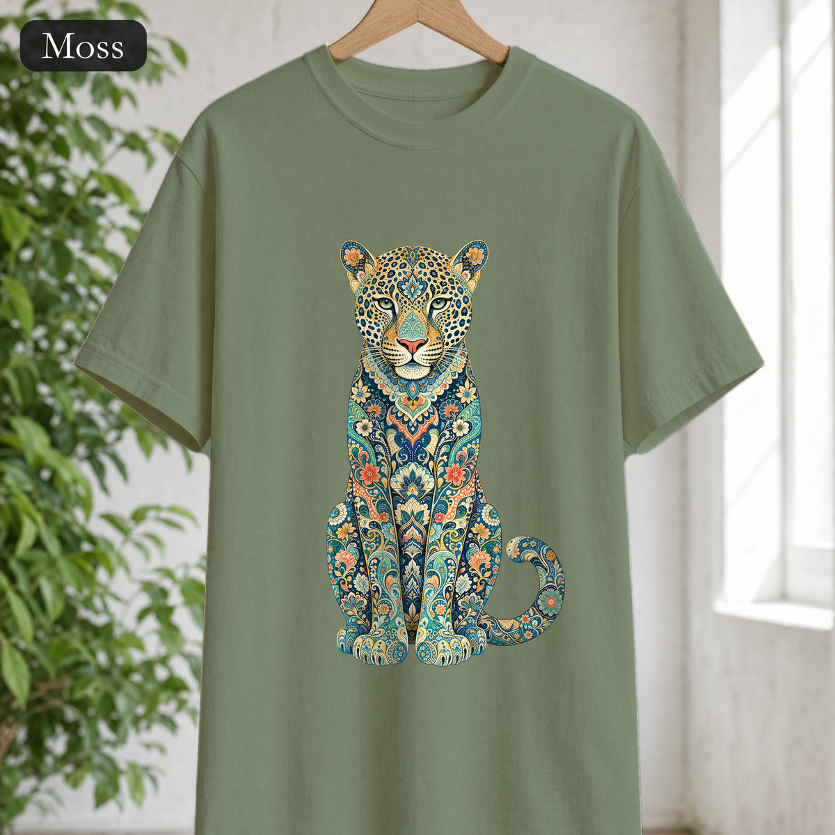 Boho Leopard Shirt, Folk Art Leopard Tee, Japanese Pattern Big Cat Lover Gift, Vintage Floral Leopard Sweatshirt