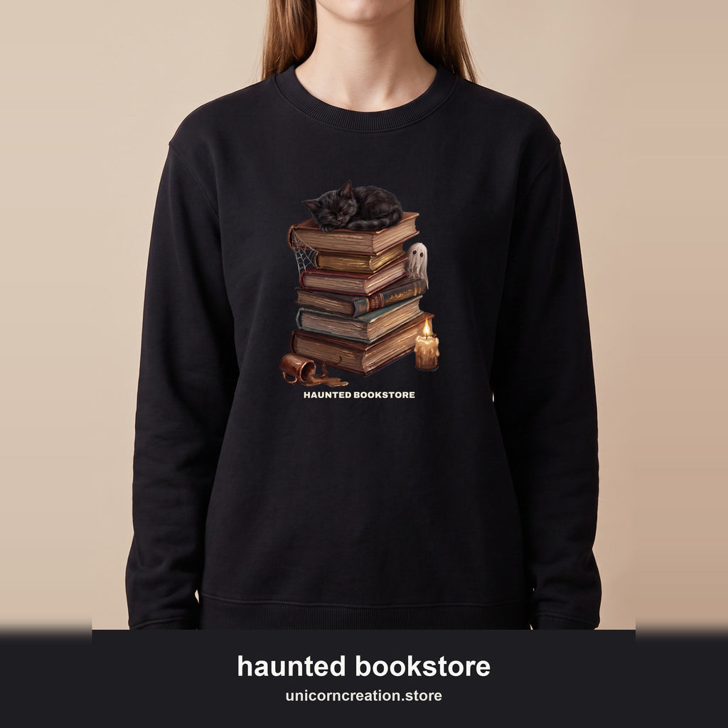 Haunted Bookstore Cat Sweatshirt, Bookish Halloween Crewneck, Dark Academia Ghost Sweatshirt, Book Lover Spooky Season Gift