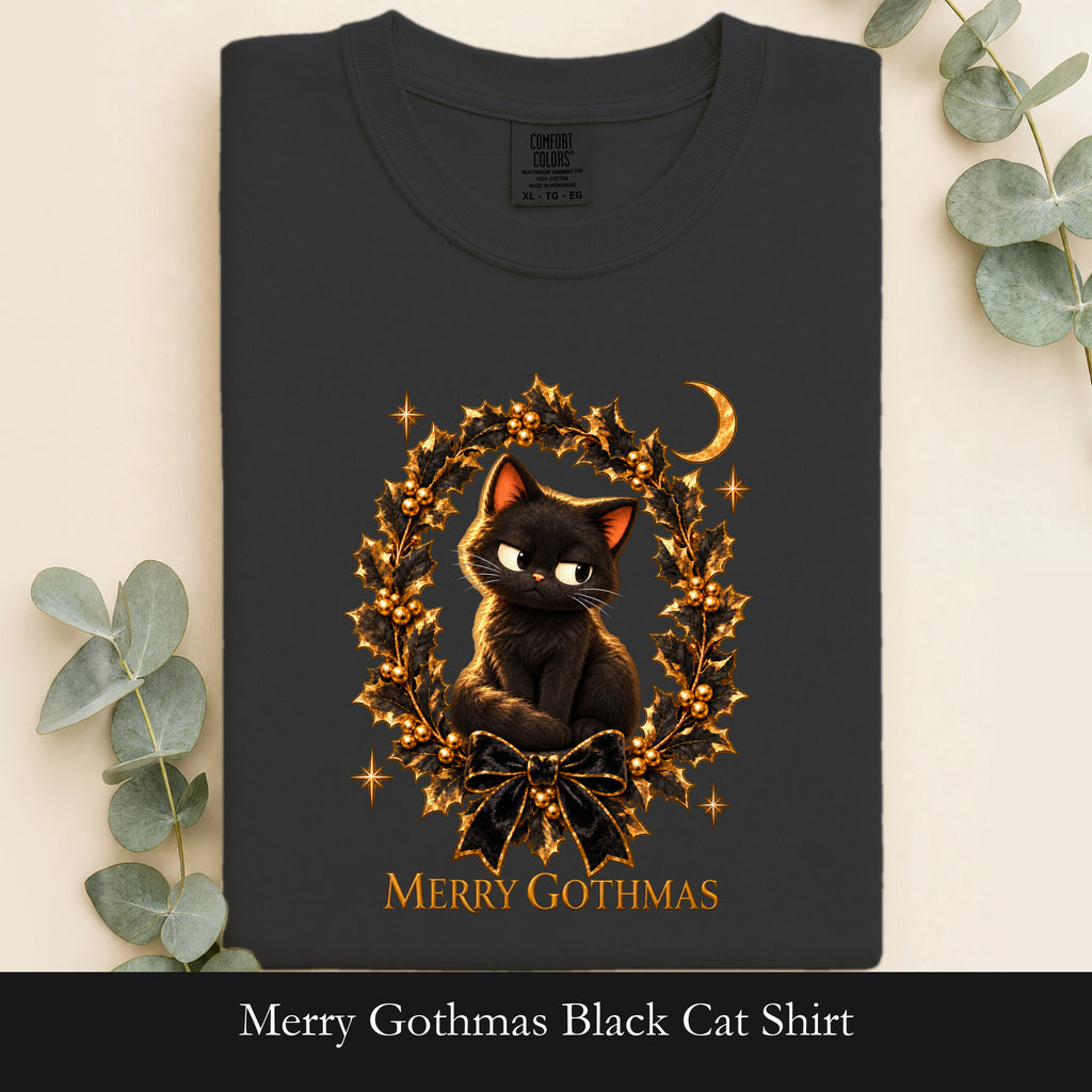 Merry Gothmas Black Cat Shirt | Gothic Christmas Holly Wreath and Crescent Moon Tee, Spooky Cat Lover Holiday Gift