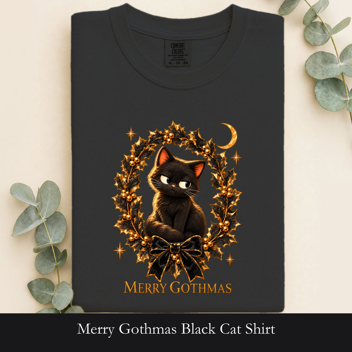 Merry Gothmas Black Cat Shirt | Gothic Christmas Holly Wreath and Crescent Moon Tee, Spooky Cat Lover Holiday Gift