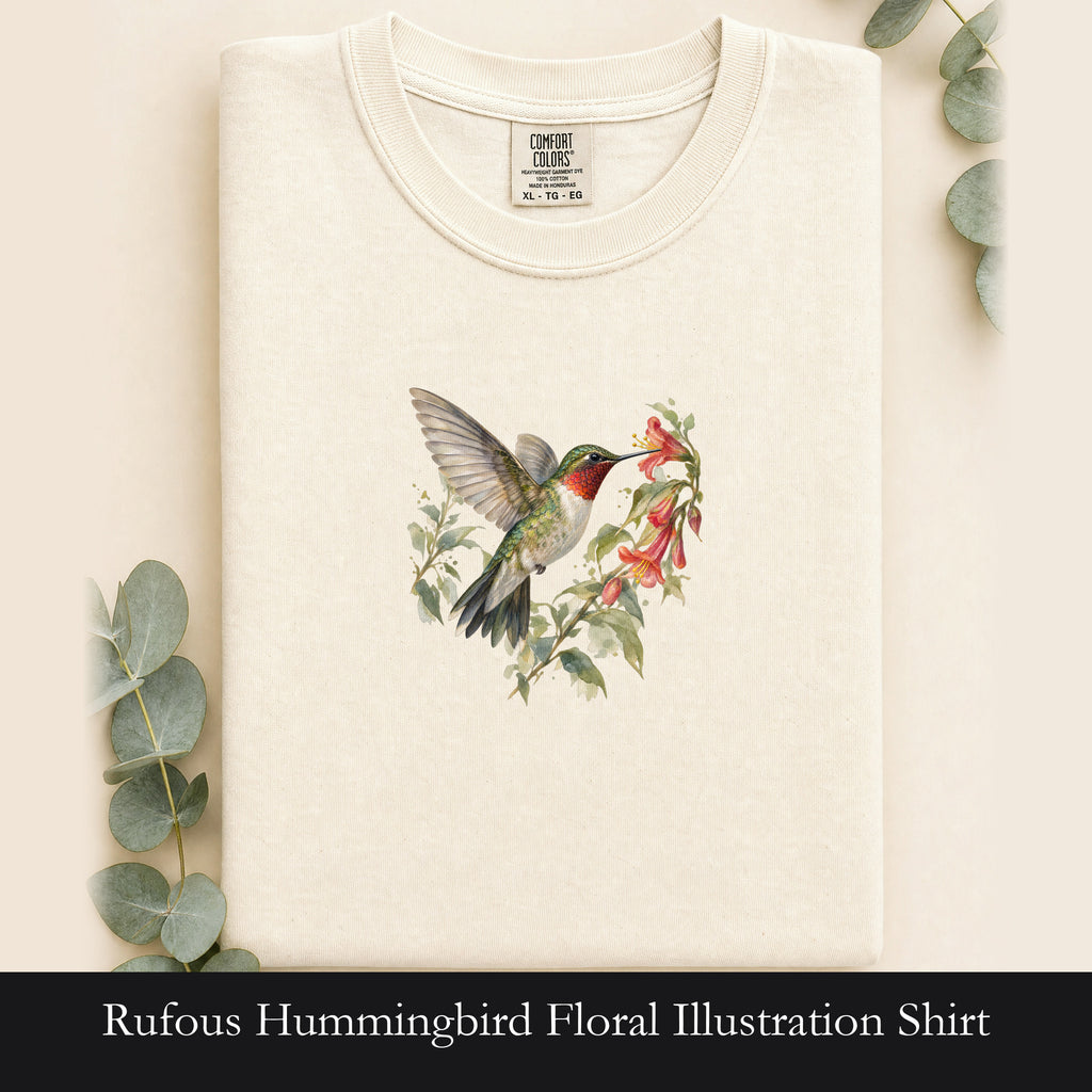 Rufous Hummingbird Floral Illustration Shirt | Bird Nature Tee