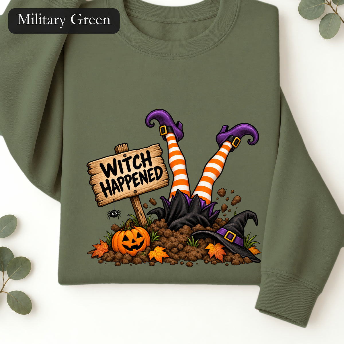 Witch Happened legs up in graveyard Sweatshirt | Halloween witch pumpkin witch design