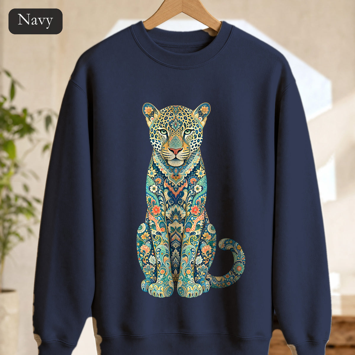Boho Leopard Shirt, Folk Art Leopard Tee, Japanese Pattern Big Cat Lover Gift, Vintage Floral Leopard Sweatshirt