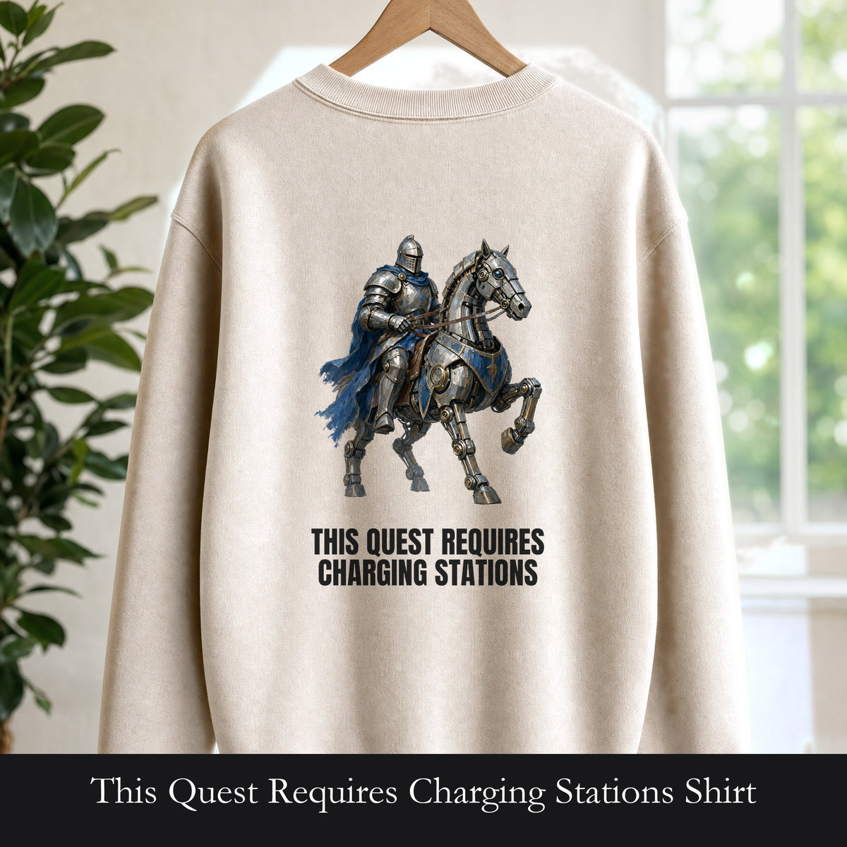 This Quest Requires Charging Stations Shirt, Knight Robot Horse Tee, Funny Gamer Tech Gift, Sci-Fi Fantasy Sweatshirt
