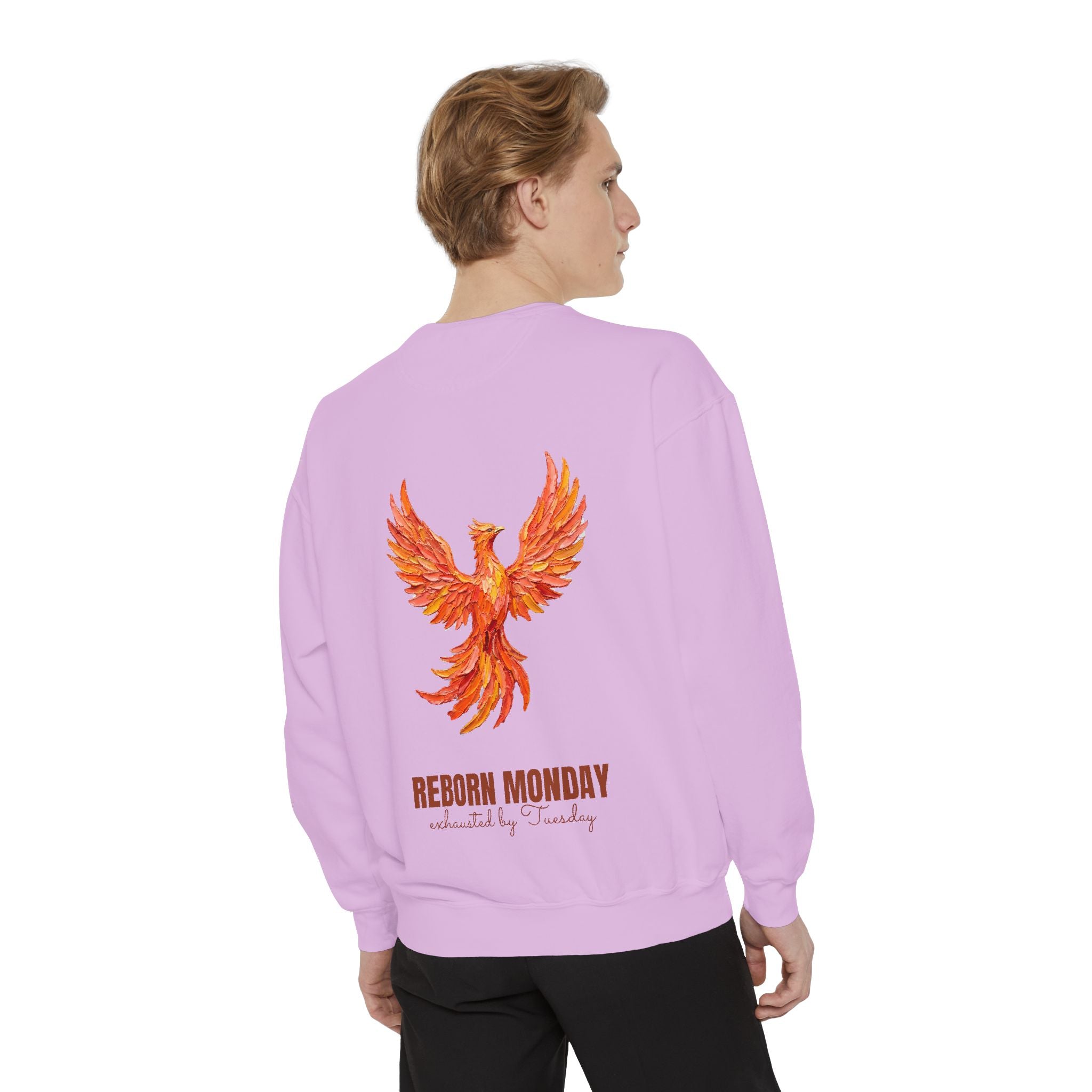 Reborn Monday Exhausted by Tuesday Shirt, Funny Phoenix Tee, Work Week Humor Gift, Painterly Fantasy Sweatshirt