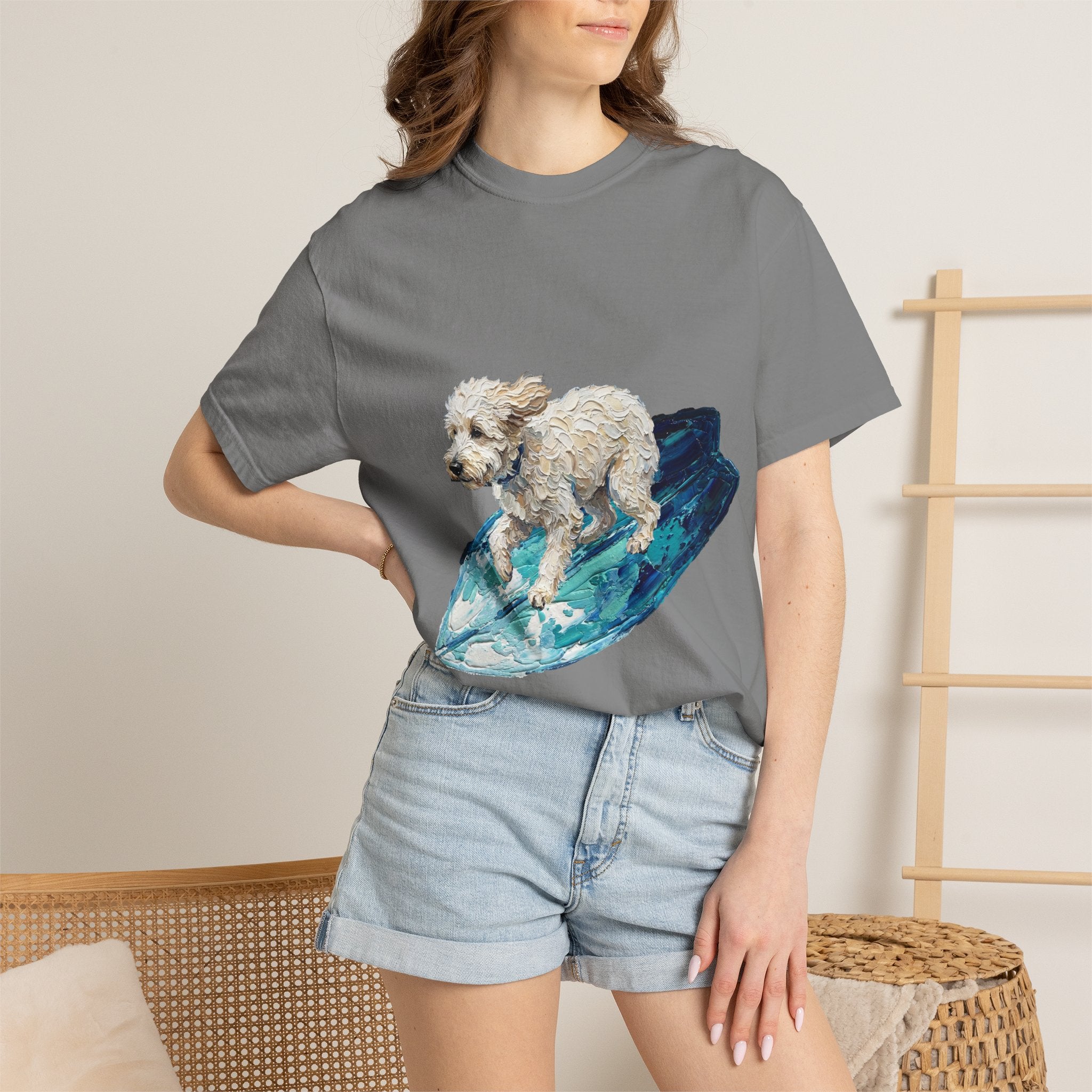 Surfing Dog Shirt, Painterly Surf Dog Tee, Beach Coastal Dog Lover Gift, Summer Ocean Dog Mom Sweatshirt