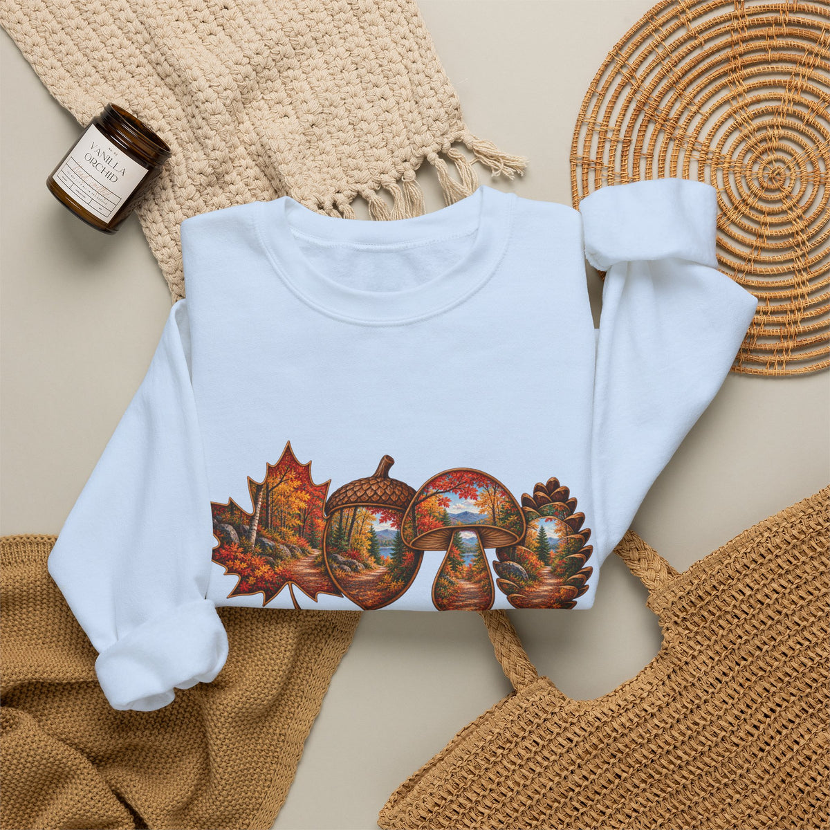 Autumn Lake Scene on Maple Leaves Sweatshirt | Fall Landscape Crewneck