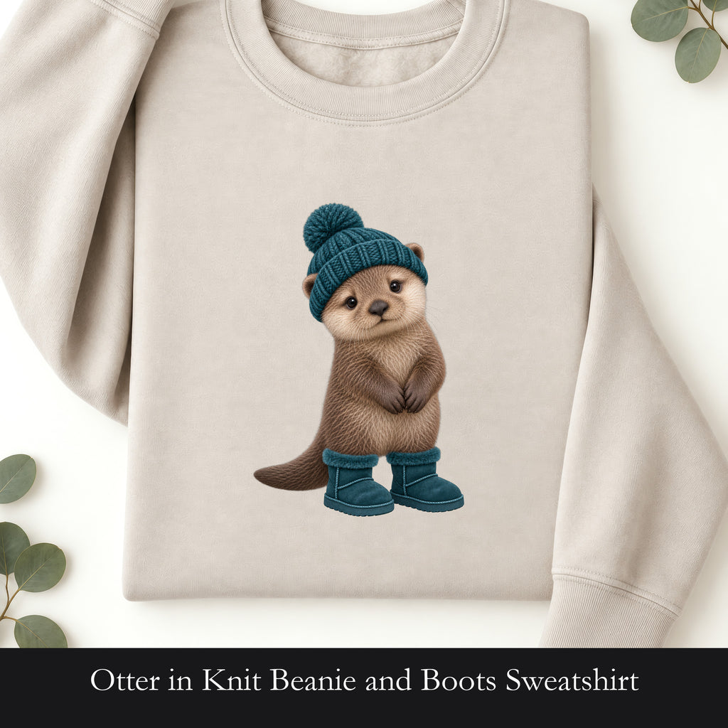 Otter in Knit Beanie and Boots Sweatshirt | Cute Winter Animal Crewneck