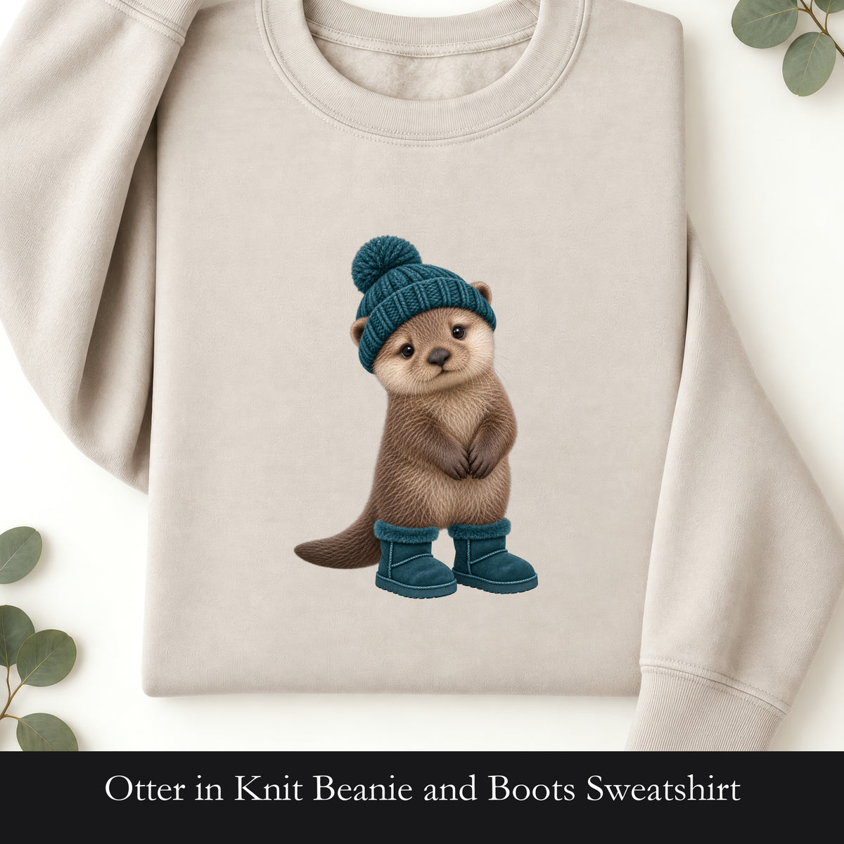 Otter in Knit Beanie and Boots Sweatshirt | Cute Winter Animal Crewneck