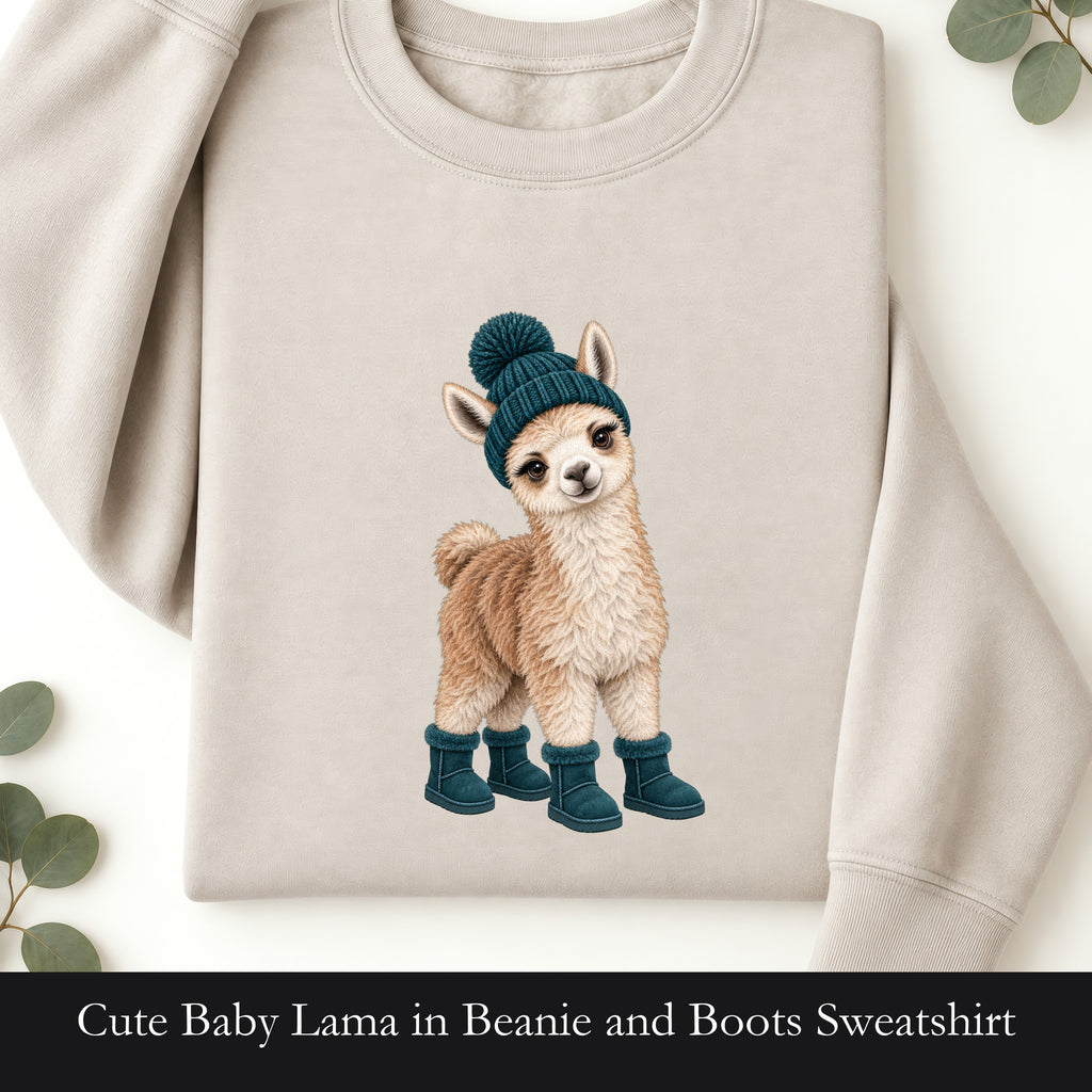 Cute Baby Lama in Beanie and Boots Sweatshirt | Cozy Dog Graphic