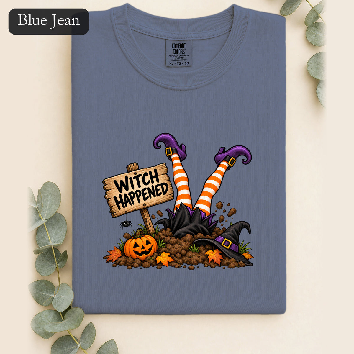Witch Happened legs up in graveyard Shirt | Halloween witch pumpkin witch design
