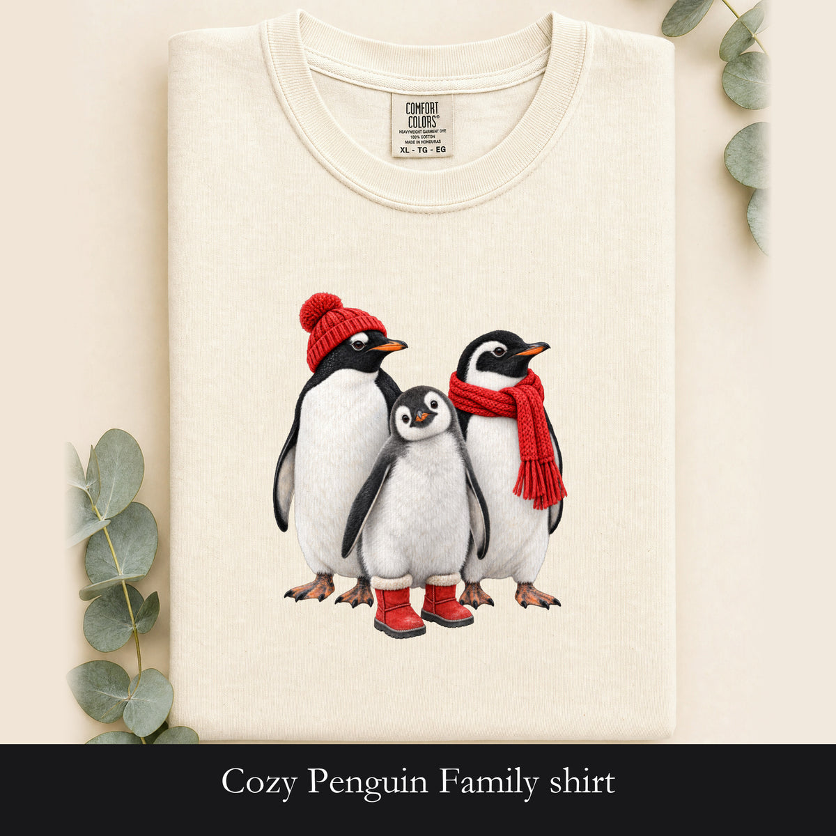 Cozy Penguin Family shirt | penguin trio with hats and scarf