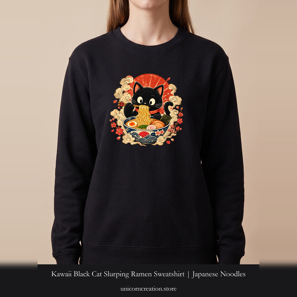 Kawaii Black Cat Slurping Ramen Sweatshirt | Japanese Noodles, Retro Floral