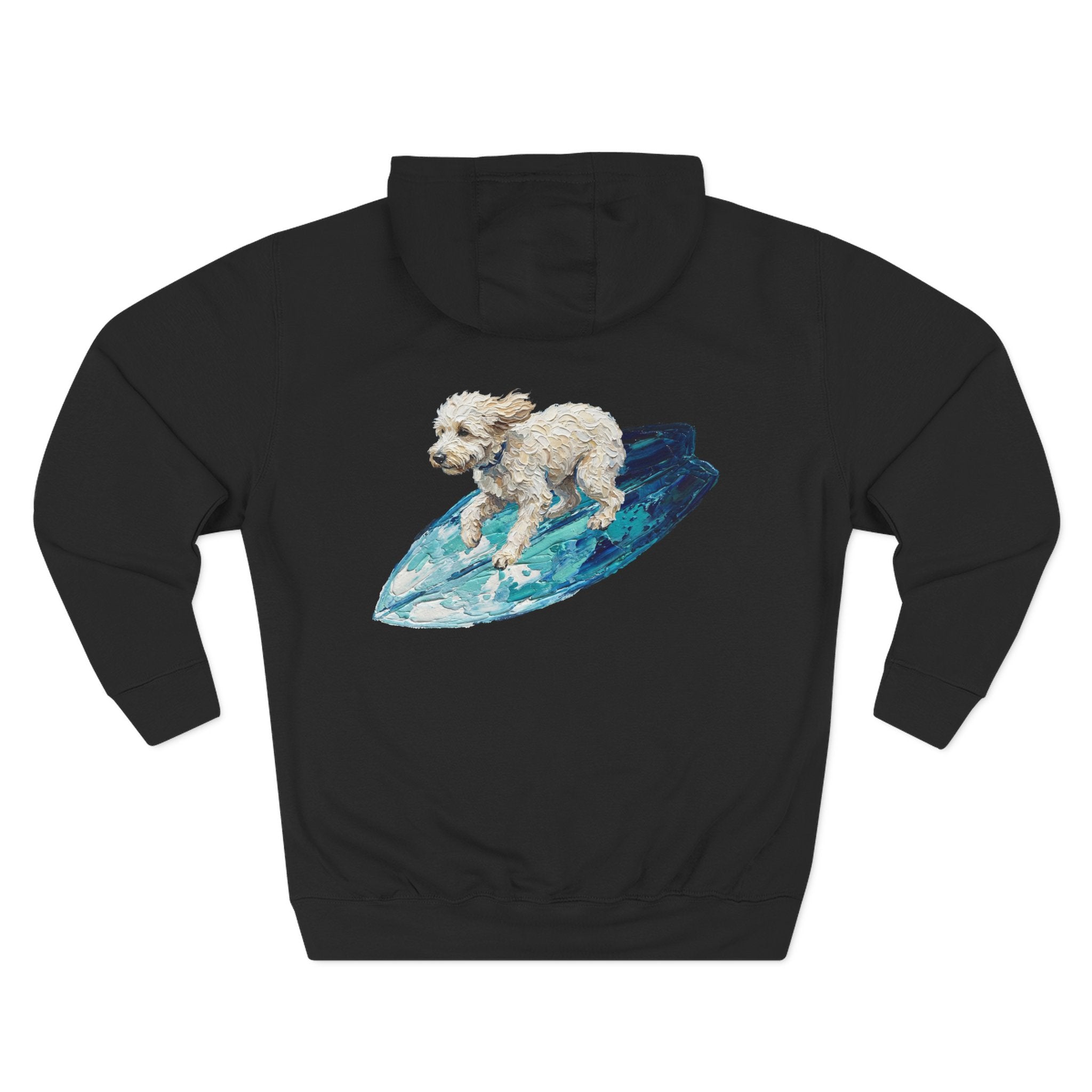 Surf Dog Hoodie — Cute White Dog Riding a Blue Surfboard Pullover