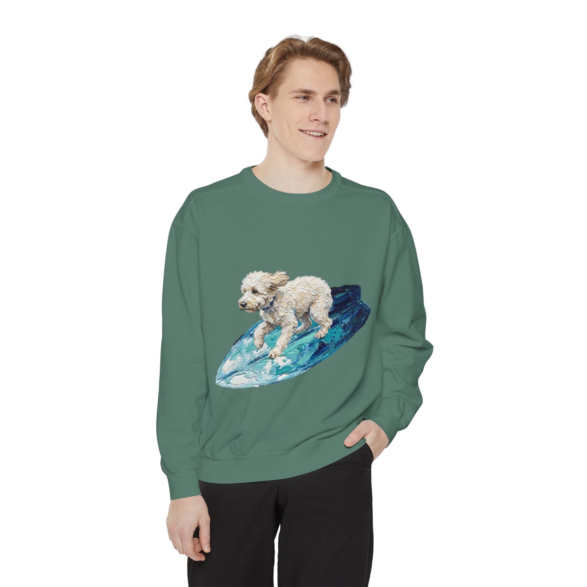 Surfing Dog Shirt, Painterly Surf Dog Tee, Beach Coastal Dog Lover Gift, Summer Ocean Dog Mom Sweatshirt