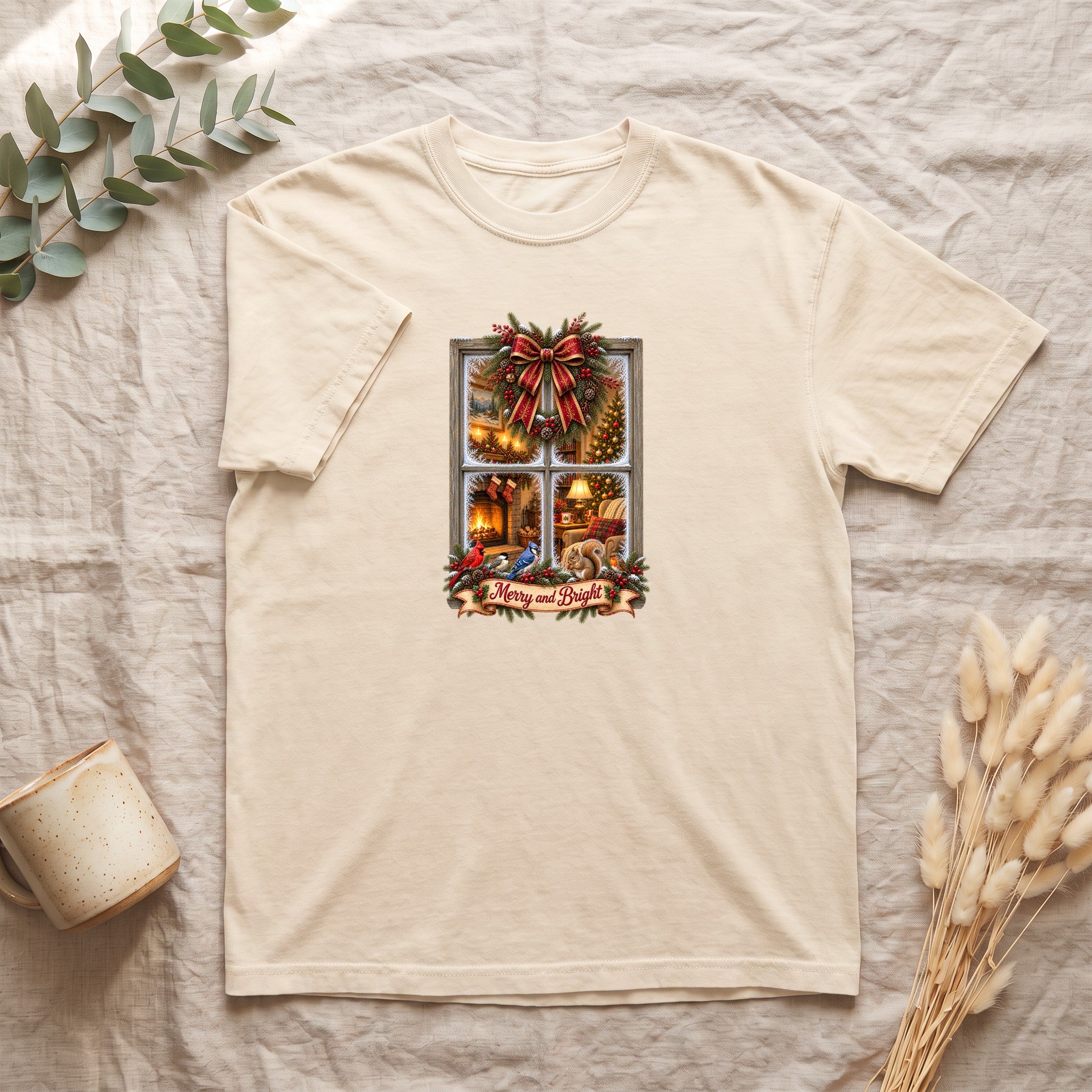 Merry and Bright Window Scene Shirt | Christmas Bow, Wreath, Candlelights