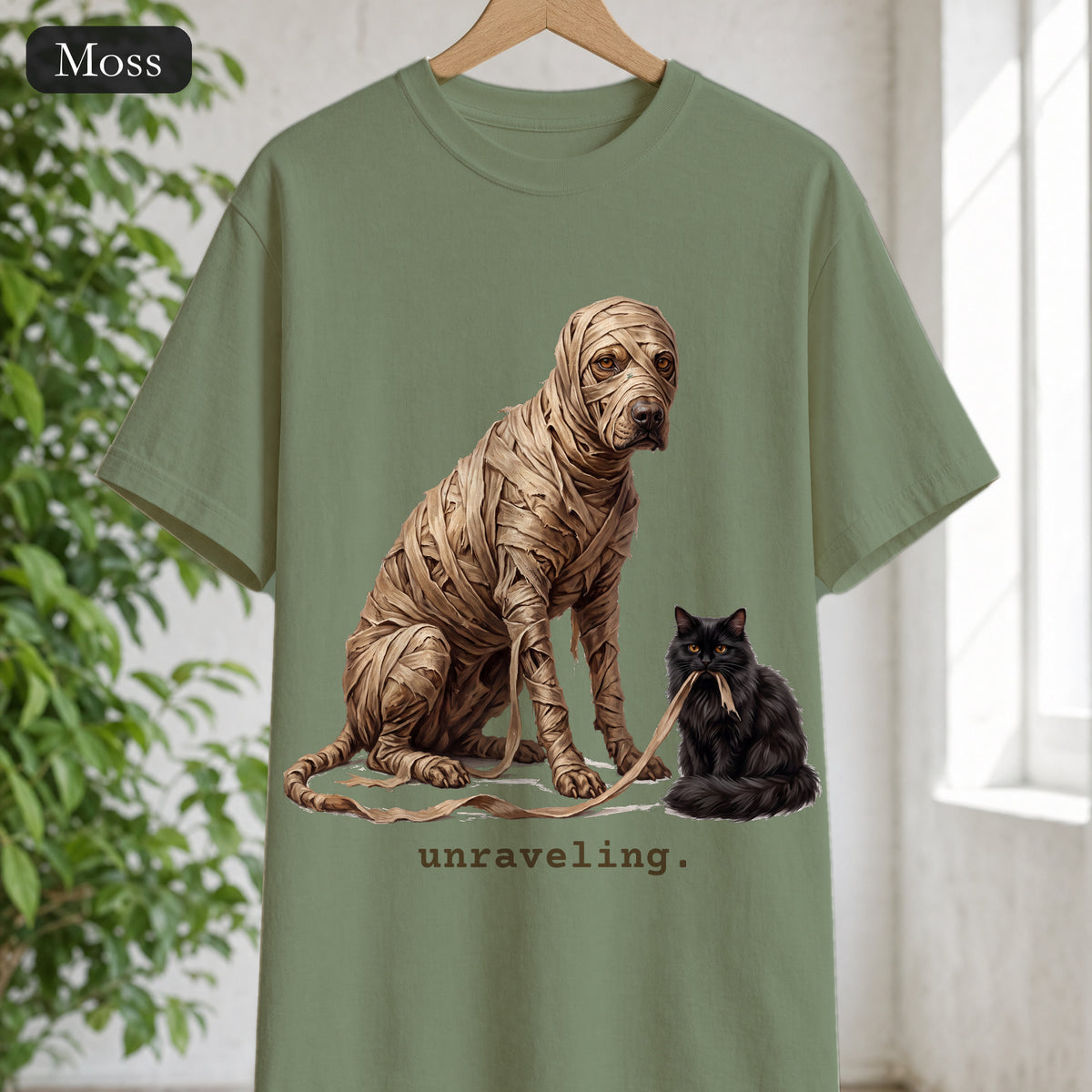 Unraveling Mummy & Cat Shirt, Funny Halloween Mummy Tee, Cozy Deadpan Spooky Tee, Black Cat Lover Gift