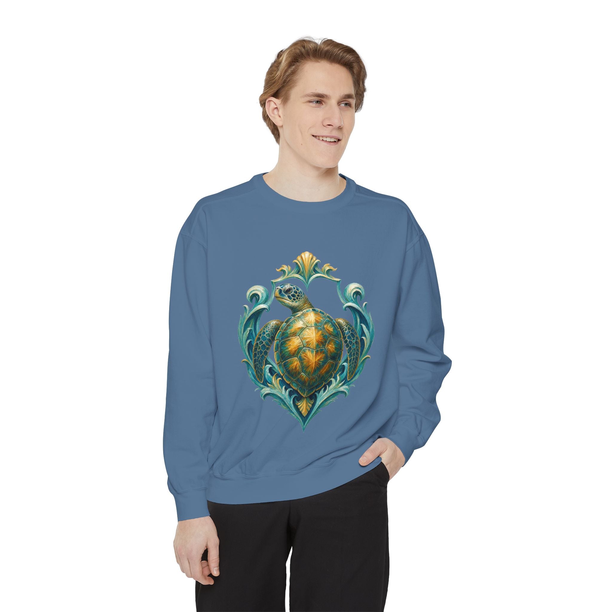 Sea Turtle Long Sleeve Sun Shirt, Painterly Turtle Crest Swim Tee, Beach Ocean Lover Gift, Coastal Swim Sweatshirt