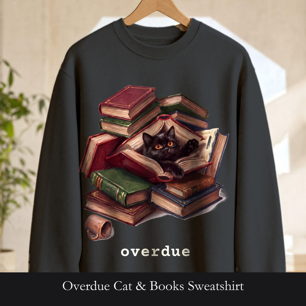 Overdue Cat & Books Sweatshirt, Funny Librarian Crewneck, Bookworm Book Lover Sweatshirt, Library Staff Reader Gift