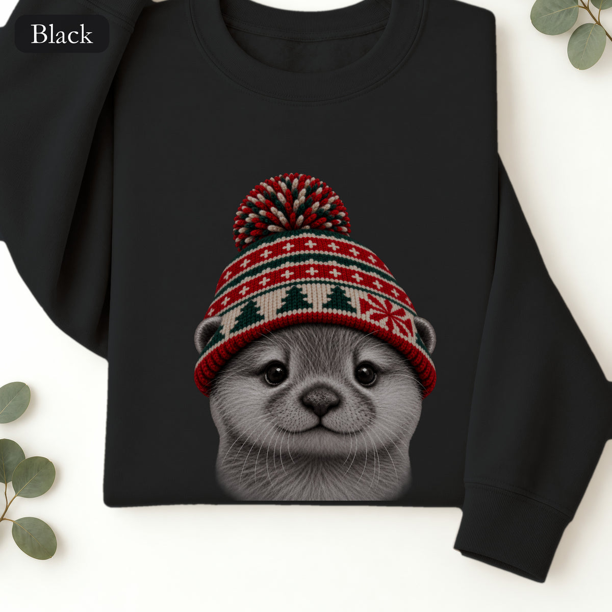 Otter Wearing Knit Christmas Winter Hat Sweatshirt | Cute Holiday Animal Crewneck