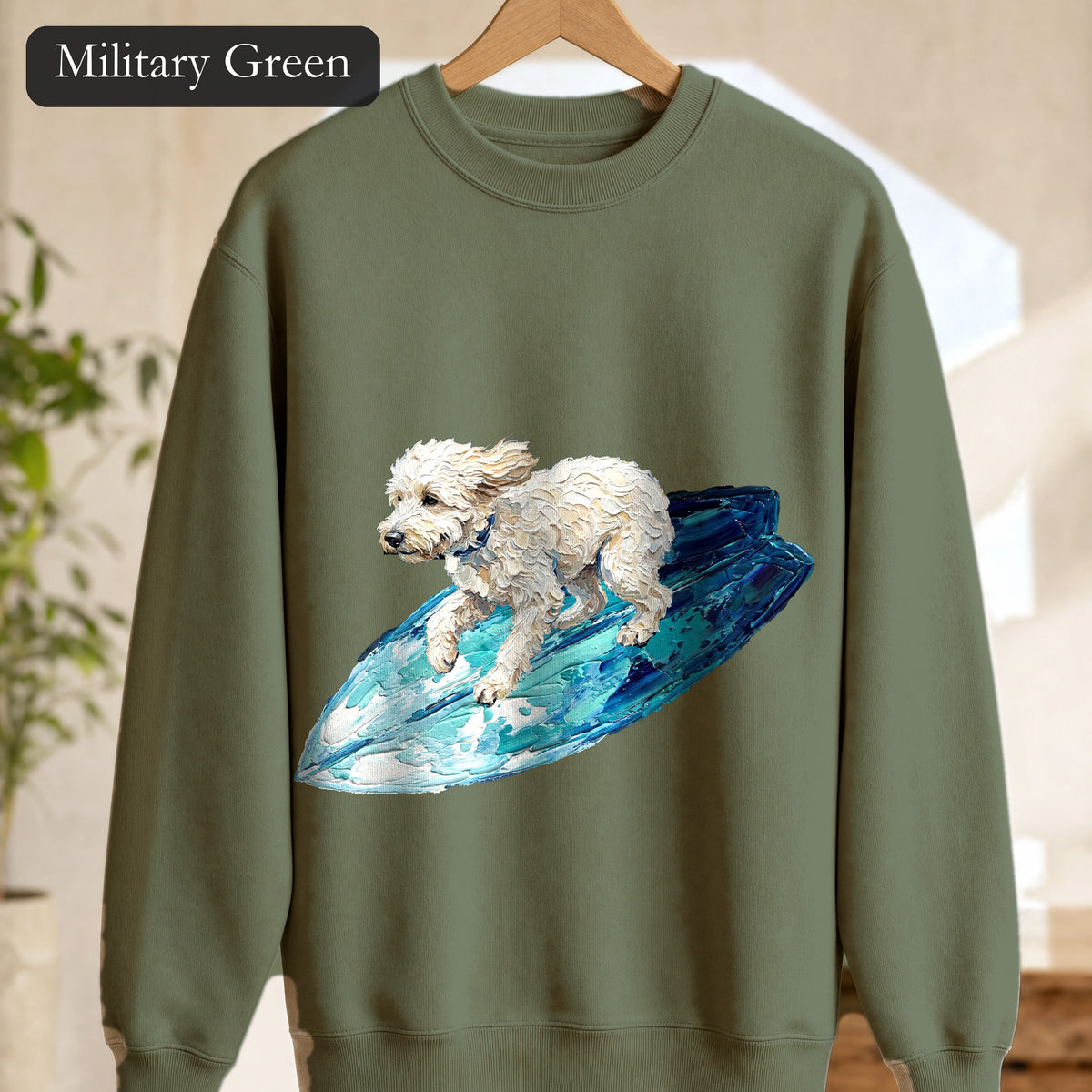 Surfing Dog Shirt, Painterly Surf Dog Tee, Beach Coastal Dog Lover Gift, Summer Ocean Dog Mom Sweatshirt