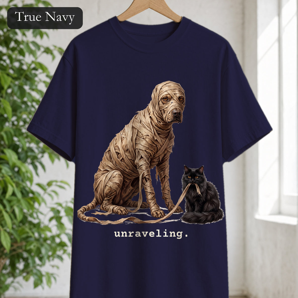 Unraveling Mummy & Cat Shirt, Funny Halloween Mummy Tee, Cozy Deadpan Spooky Tee, Black Cat Lover Gift