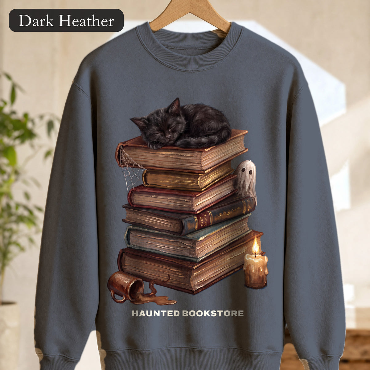 Haunted Bookstore Cat Sweatshirt, Bookish Halloween Crewneck, Dark Academia Ghost Sweatshirt, Book Lover Spooky Season Gift