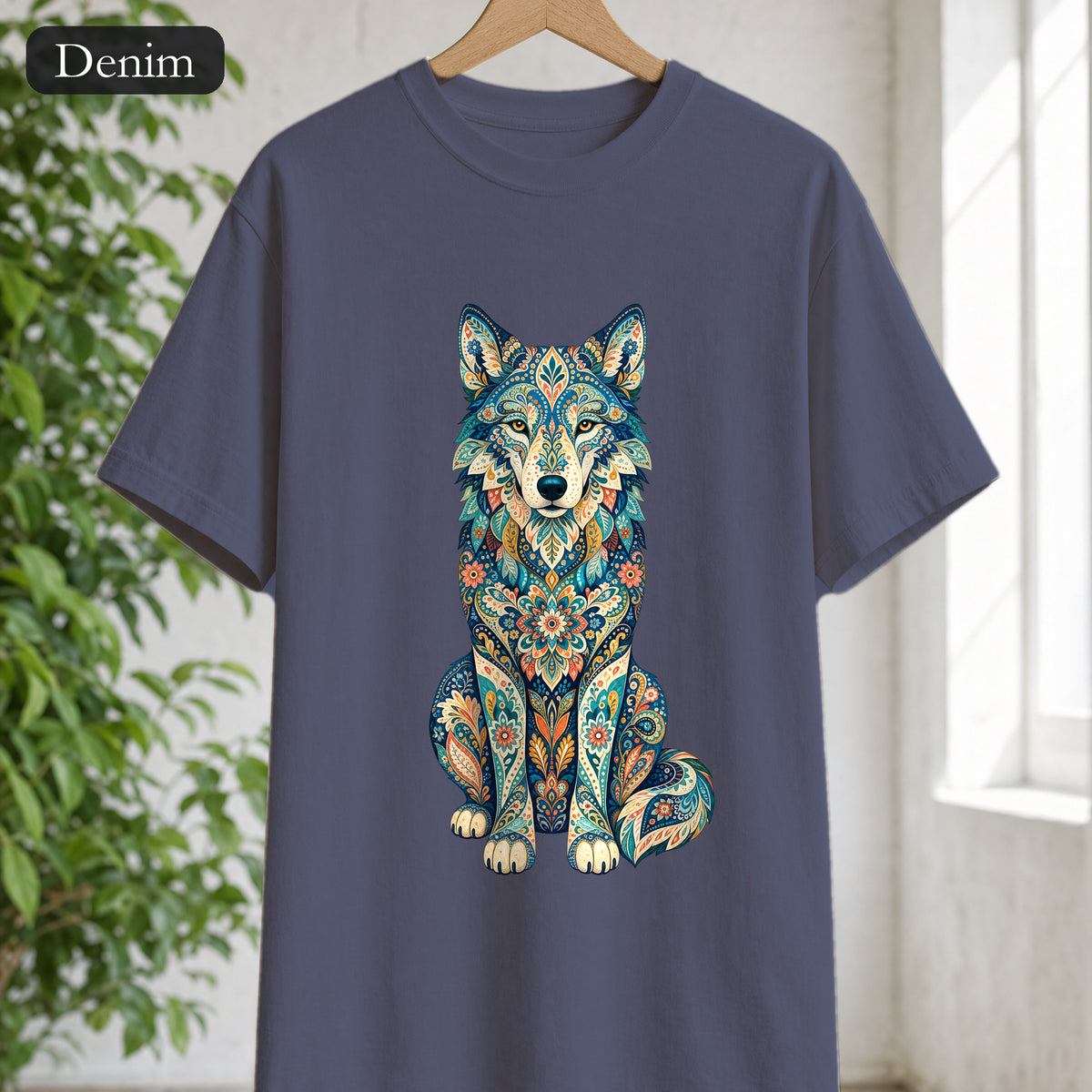 Boho Wolf Shirt, Folk Art Wolf Tee, Japanese Pattern Wolf Lover Gift, Vintage Floral Wolf Sweatshirt