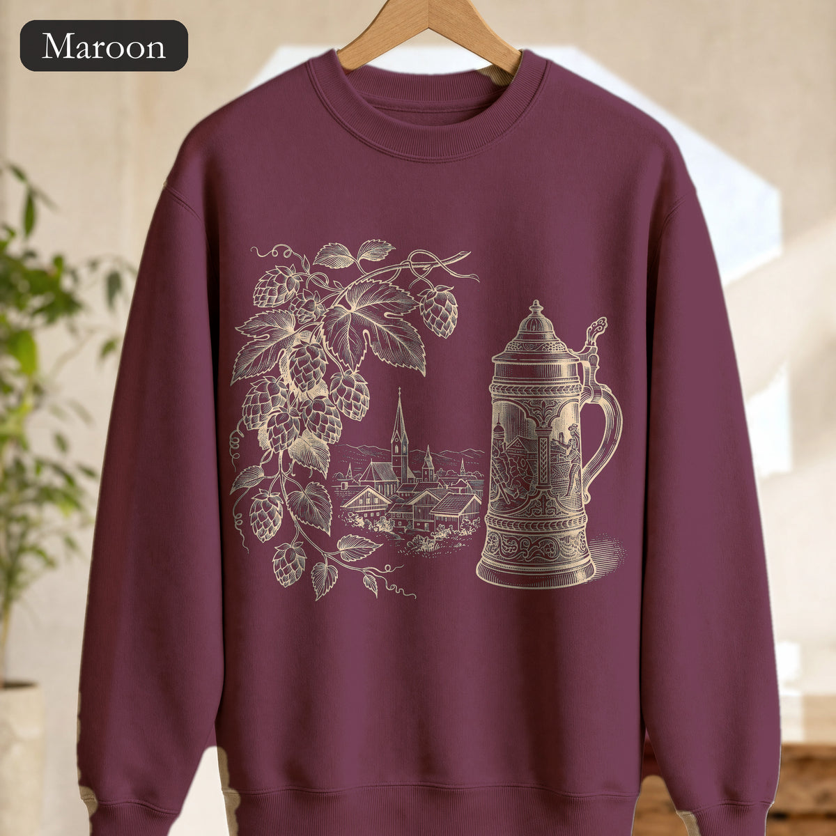 Vintage Beer Stein Illustration Sweatshirt | Hops Vine Scenic Design
