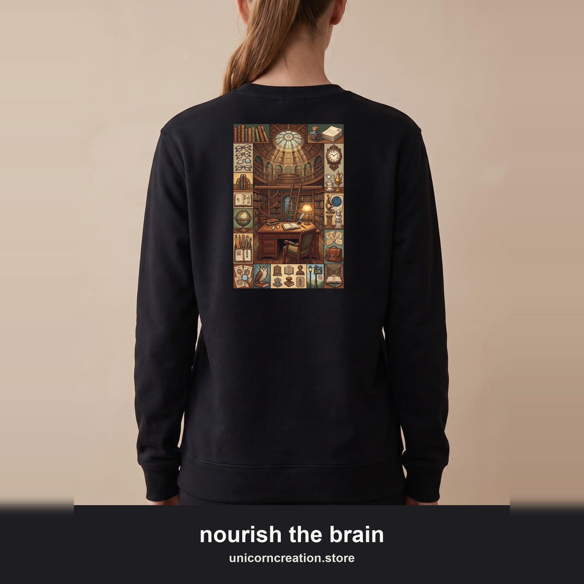 Nourish the Brain Sweatshirt, Vintage Library Poster Crewneck, Dark Academia Book Lover Sweatshirt, Librarian Reader Gift