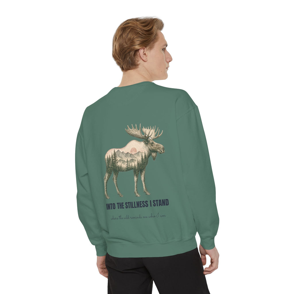 Into the Stillness I Stand Shirt, Moose Double Exposure Tee, Mountain Wilderness Camping Gift, Woodland Nature Sweatshirt