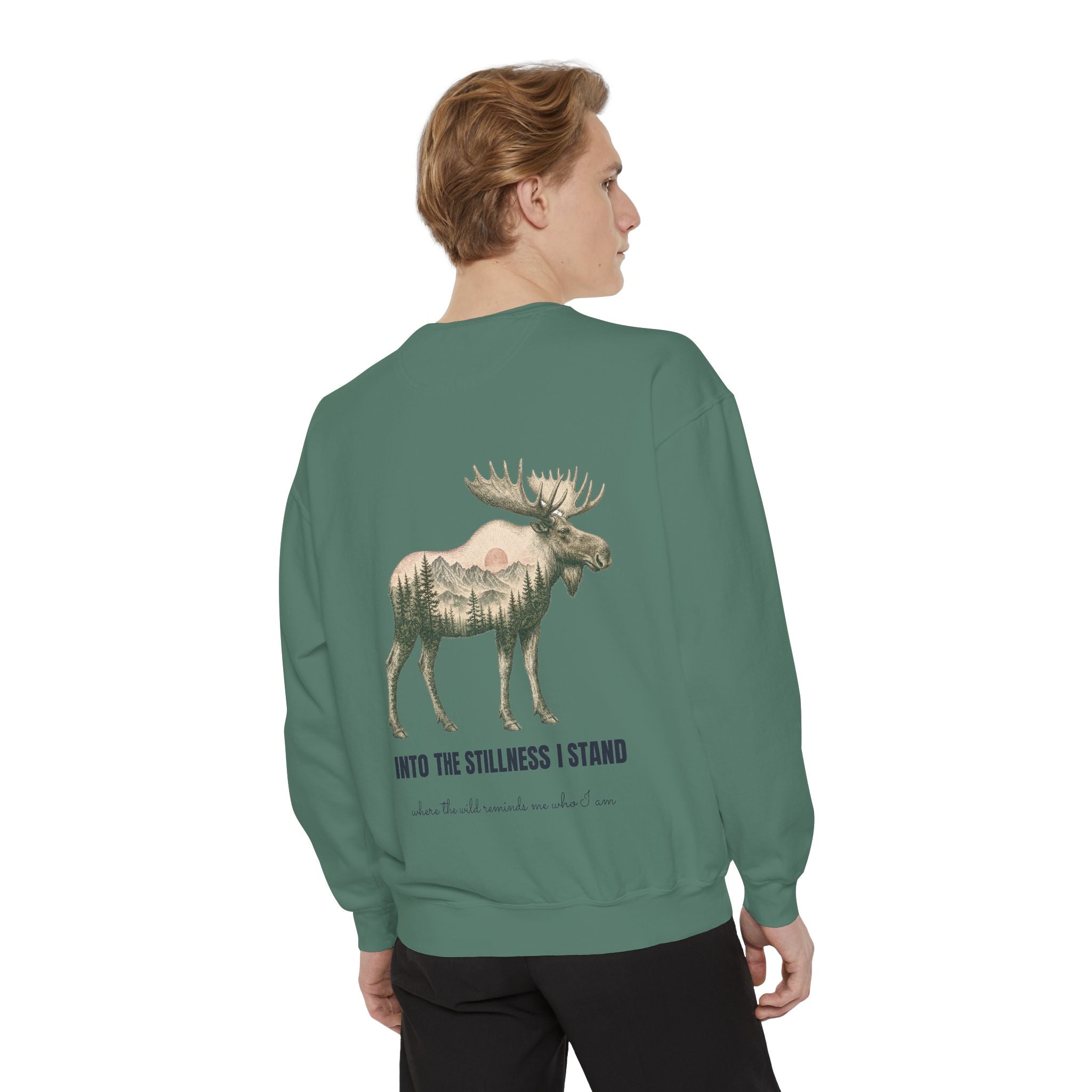 Into the Stillness I Stand Shirt, Moose Double Exposure Tee, Mountain Wilderness Camping Gift, Woodland Nature Sweatshirt