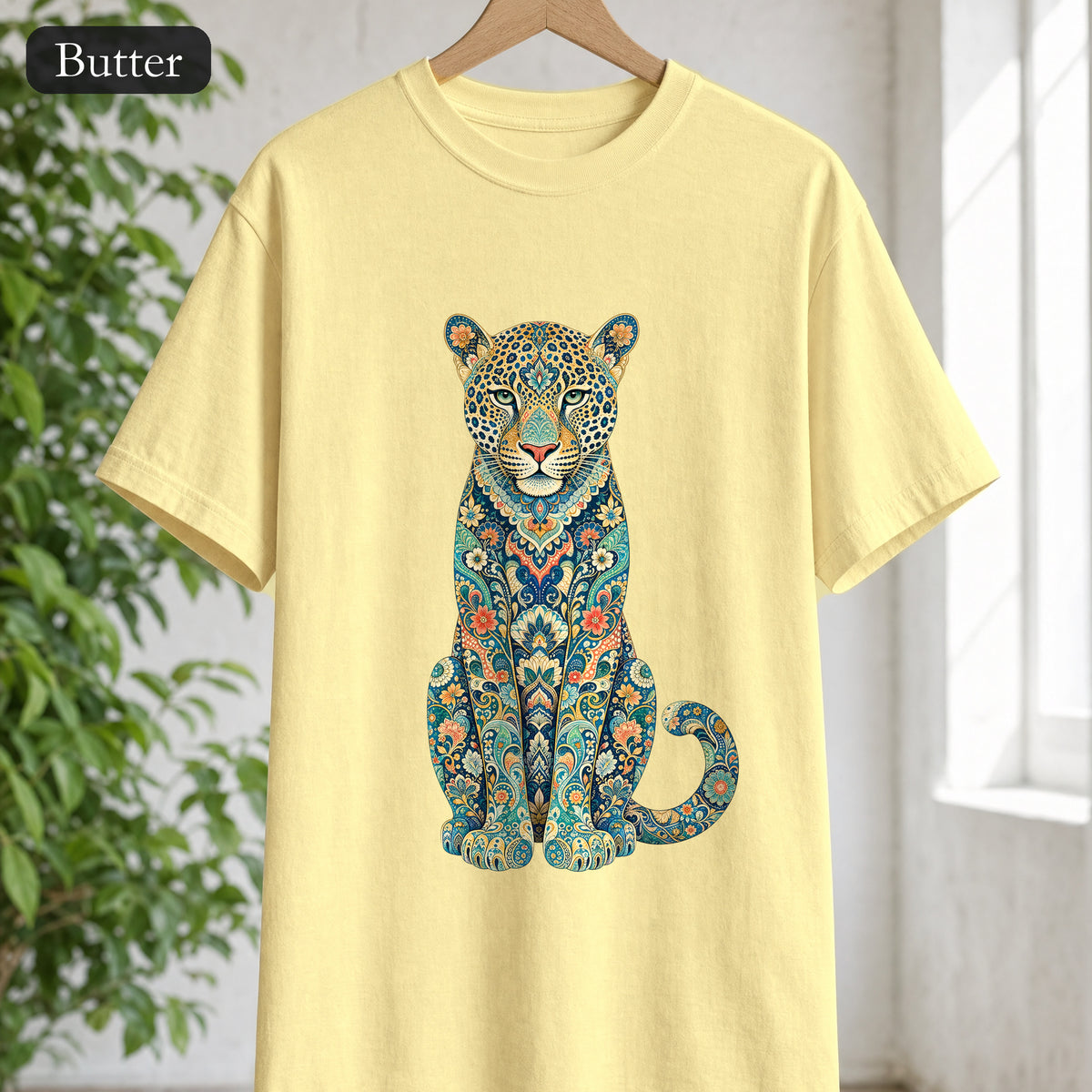 Boho Leopard Shirt, Folk Art Leopard Tee, Japanese Pattern Big Cat Lover Gift, Vintage Floral Leopard Sweatshirt