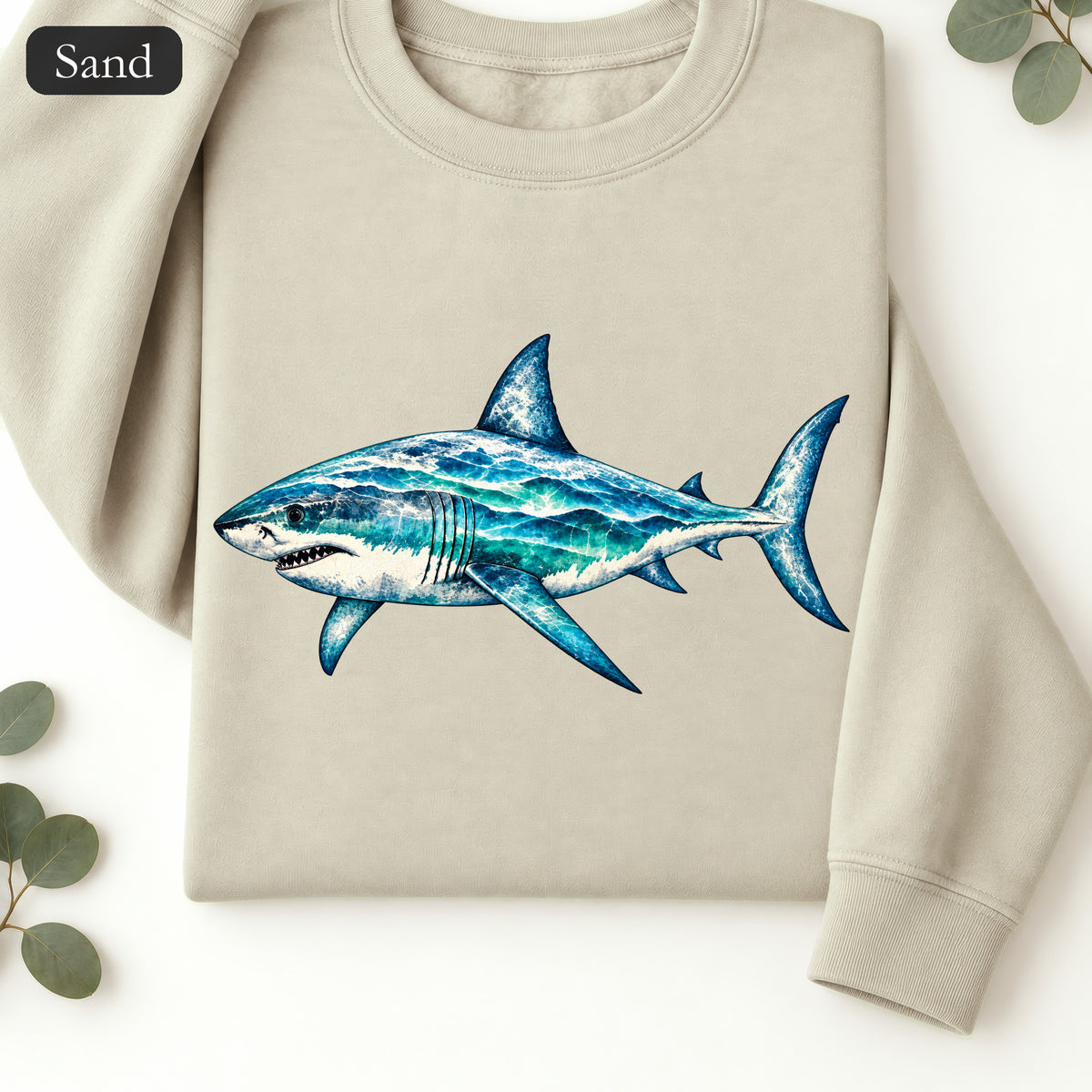 Blue Watercolor Shark Crewneck Sweatshirt | Ocean Fish Illustration