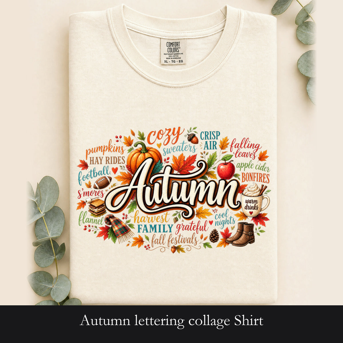 Autumn lettering collage Shirt | Fall pumpkin leaves cider cozy harvest