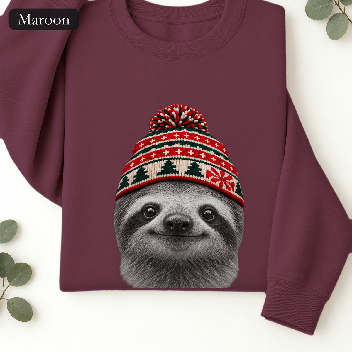 Sloth Wearing Christmas Knit Beanie | Cozy Winter Animal Crewneck