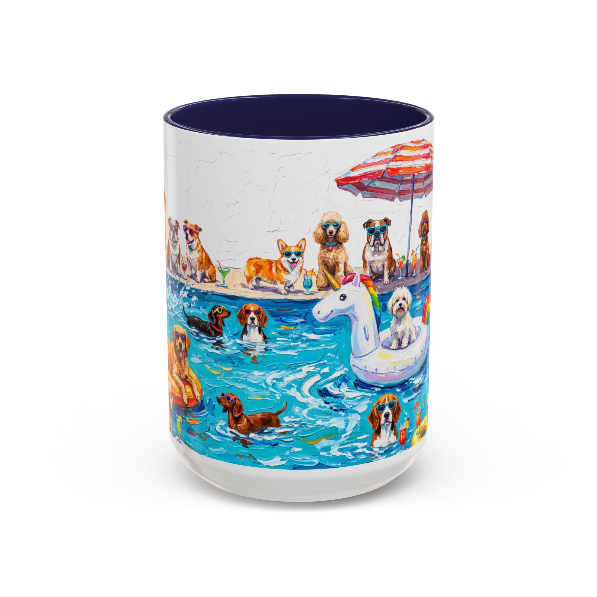 Black 15 oz coffee mug printed with colorful painterly dogs splashing in a pool
