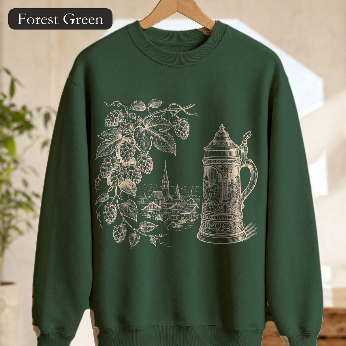 Vintage Beer Stein Illustration Sweatshirt | Hops Vine Scenic Design