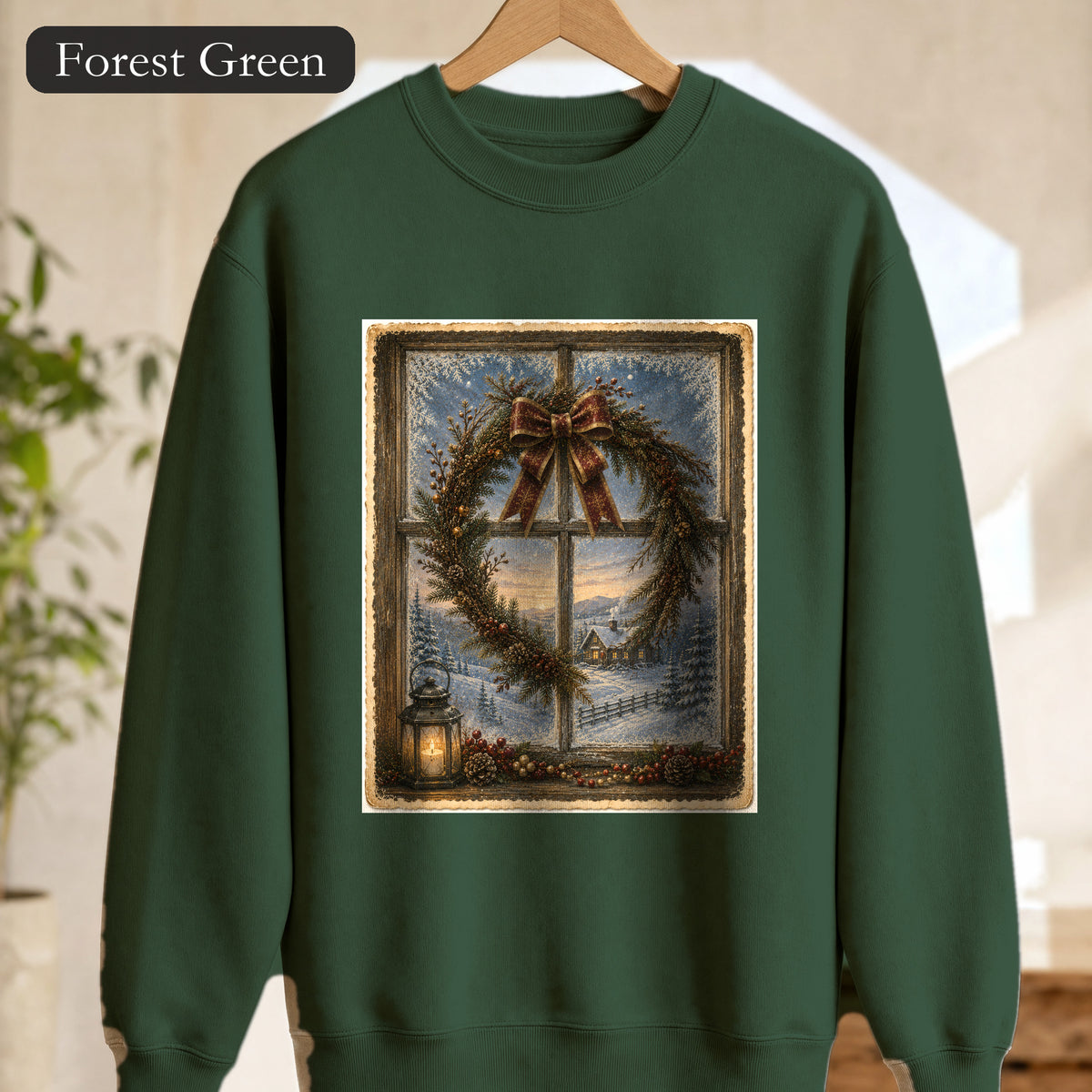 Winter Wreath Window Scene Sweatshirt | Vintage Holiday Postcard