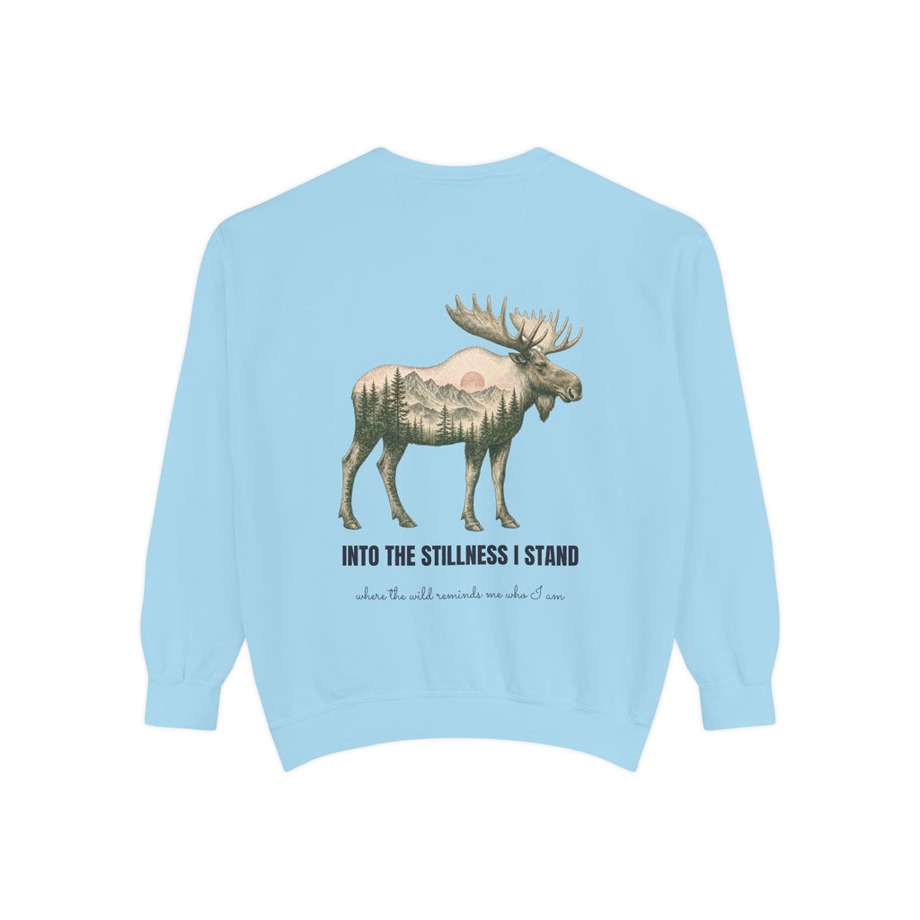 Into the Stillness I Stand Shirt, Moose Double Exposure Tee, Mountain Wilderness Camping Gift, Woodland Nature Sweatshirt