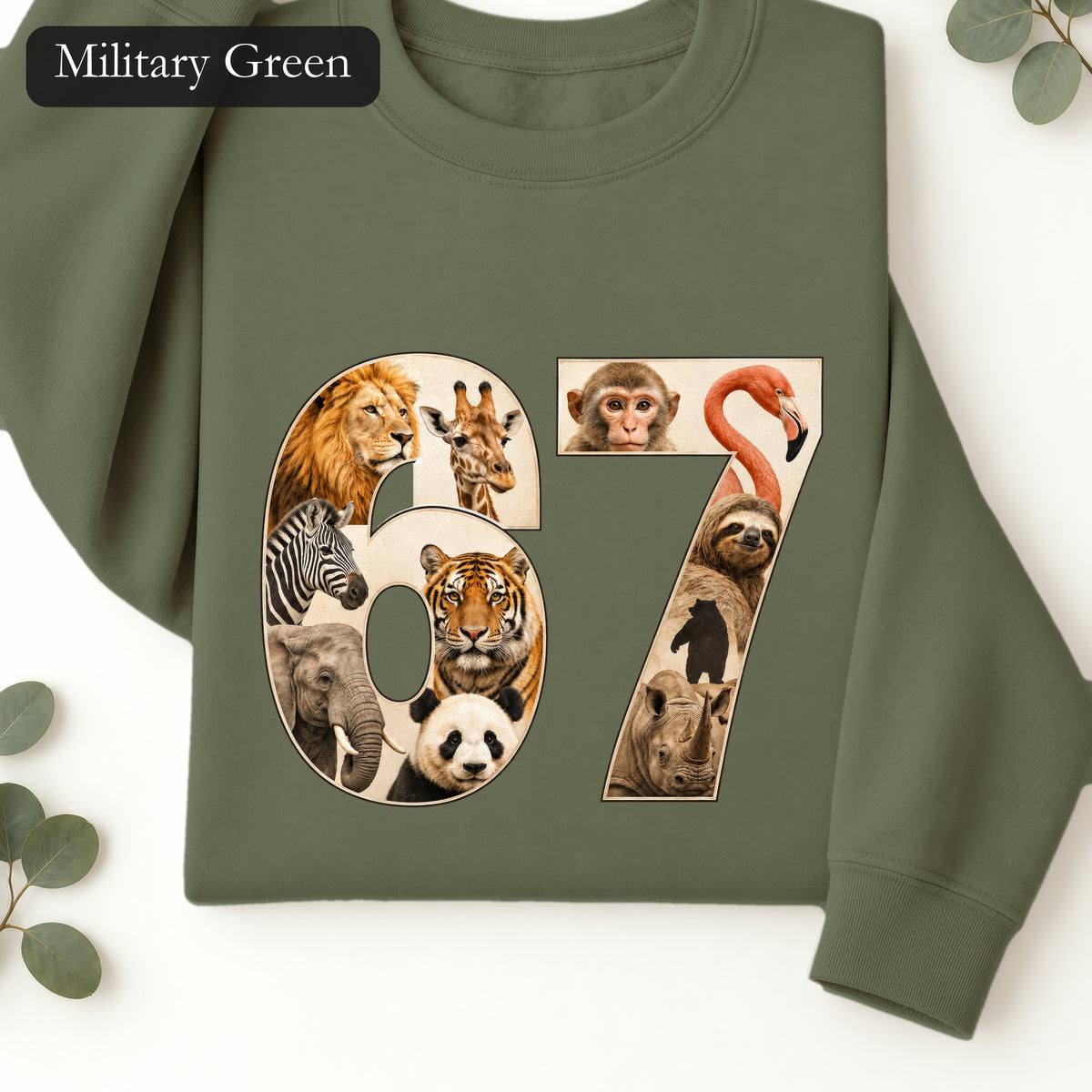 67 Zoo Animals Shirt, Funny 67 Meme Tee, Trendy Animal Number Gift, Giraffe Elephant Lion Sweatshirt