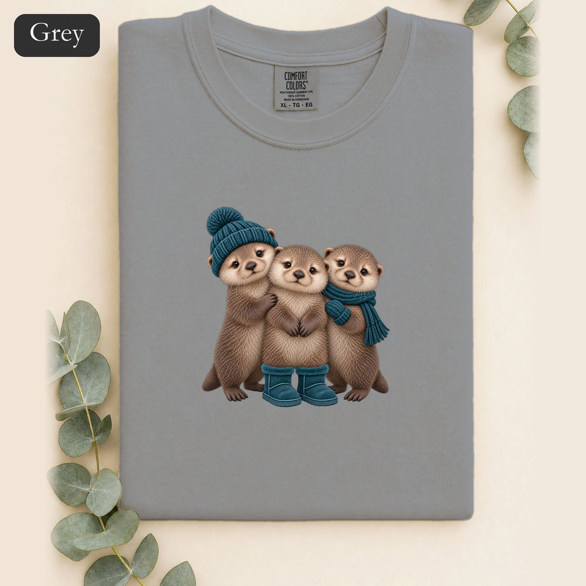Three Otters Wearing Winter Hats Boots shirt | Cute Otter Trio Design