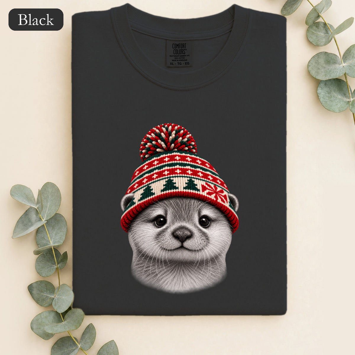 Otter Wearing Knit Christmas Winter Hat Shirt | Cute Holiday Animal Tee