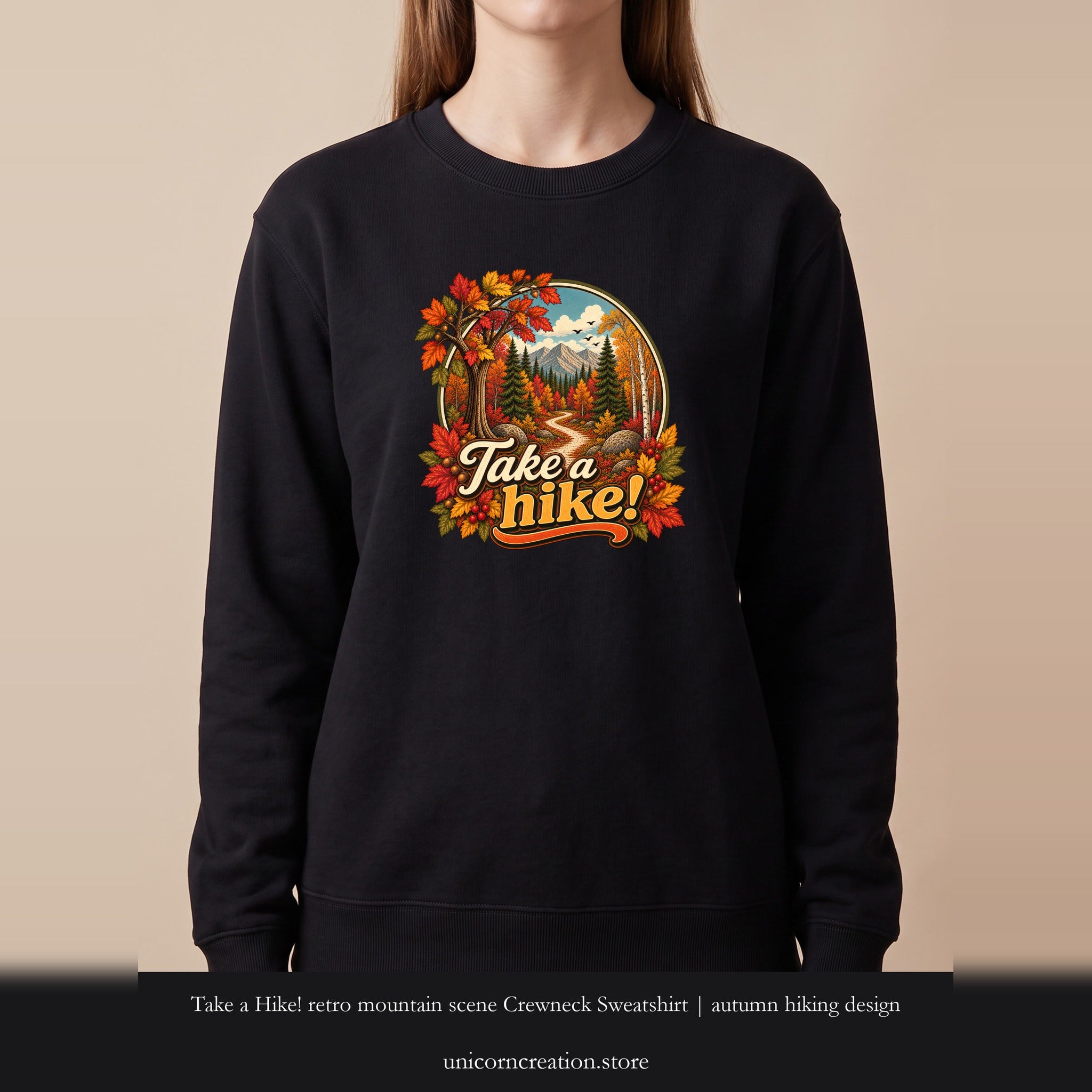 Take a Hike! retro mountain scene Crewneck Sweatshirt | autumn hiking design