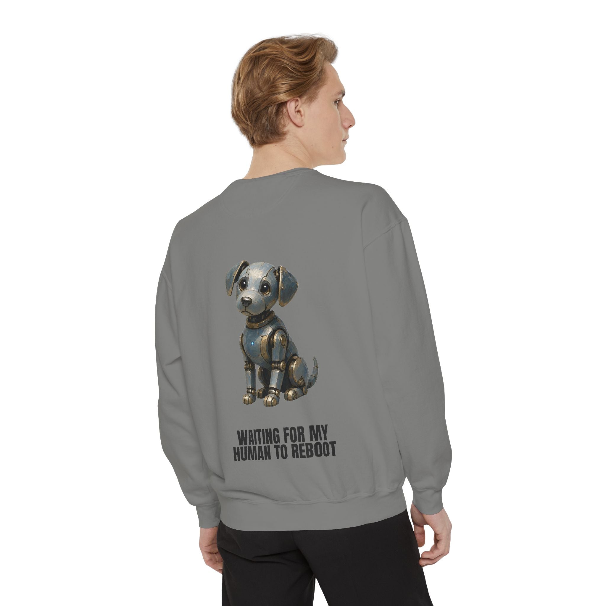 Waiting for My Human to Reboot Shirt, Funny Robot Dog Tee, Tech Programmer Gift, Sci-Fi AI Humor Sweatshirt