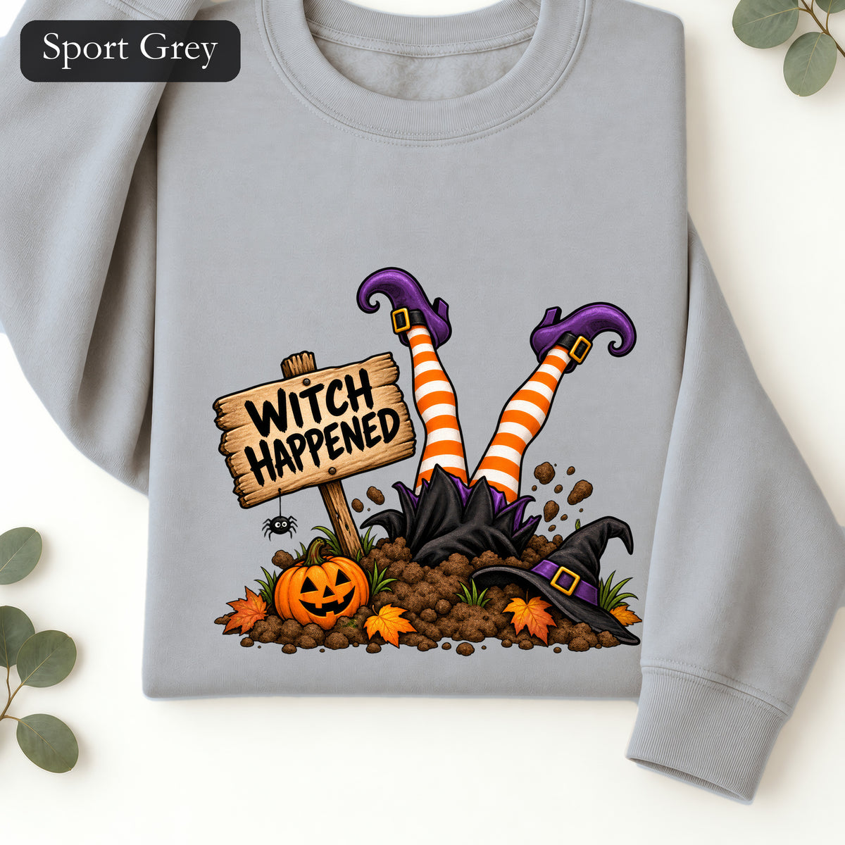 Witch Happened legs up in graveyard Sweatshirt | Halloween witch pumpkin witch design
