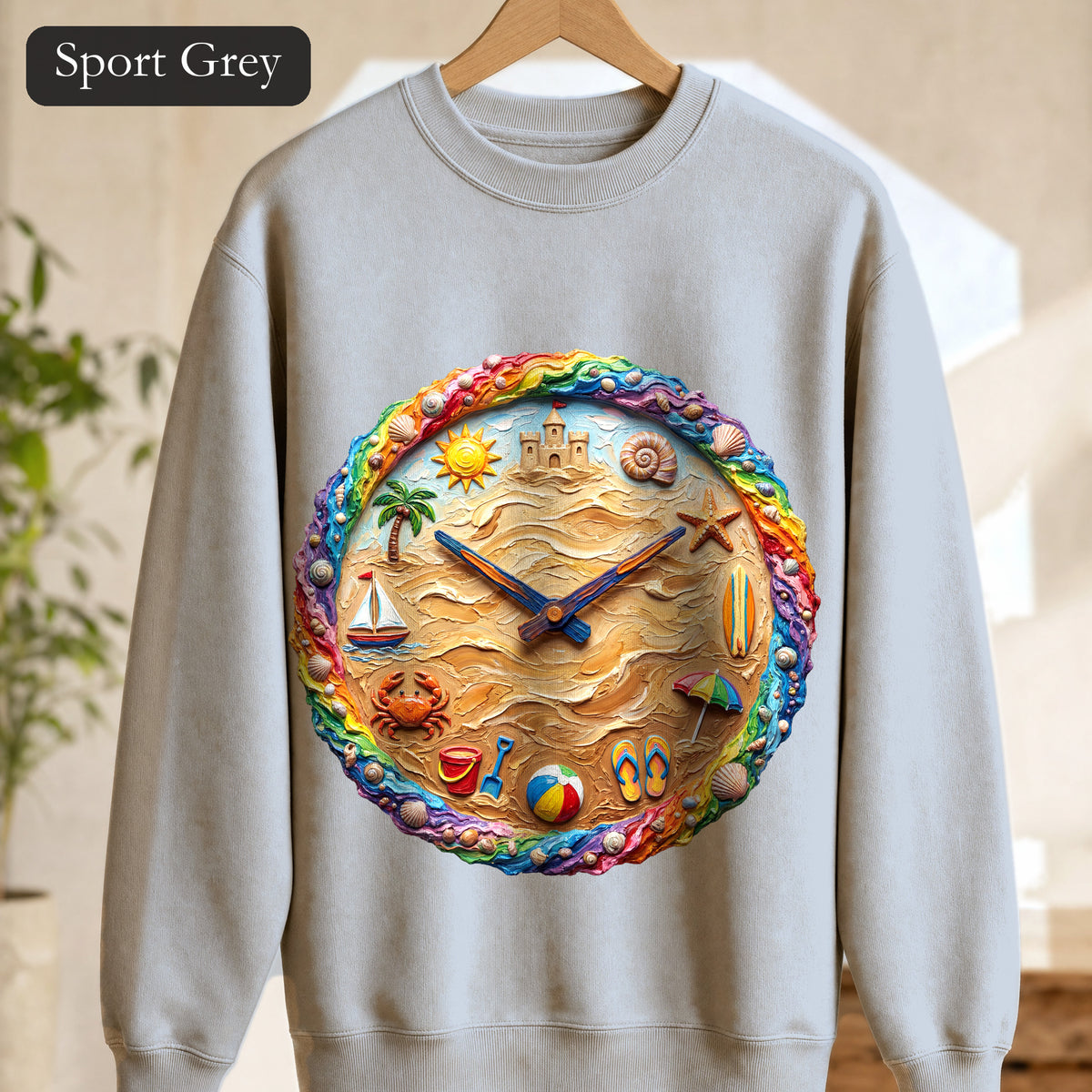 Beach Clock Shirt, Dreamy Coastal Art Tee, Surreal Beach Lover Gift, Summer Ocean Sweatshirt