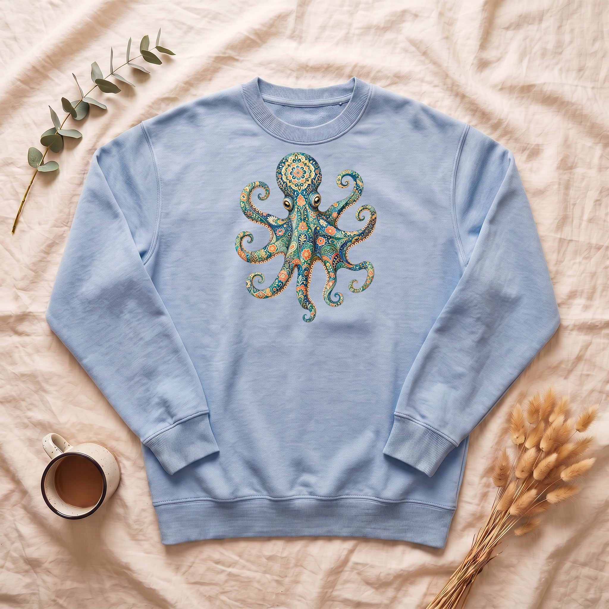 Boho Octopus Shirt, Folk Art Octopus Tee, Japanese Pattern Ocean Lover Gift, Vintage Floral Octopus Sweatshirt
