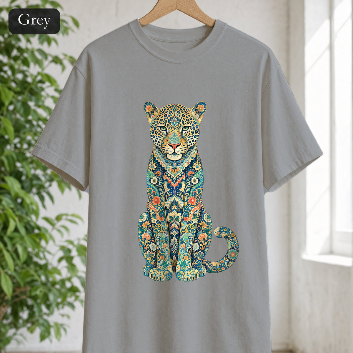 Boho Leopard Shirt, Folk Art Leopard Tee, Japanese Pattern Big Cat Lover Gift, Vintage Floral Leopard Sweatshirt